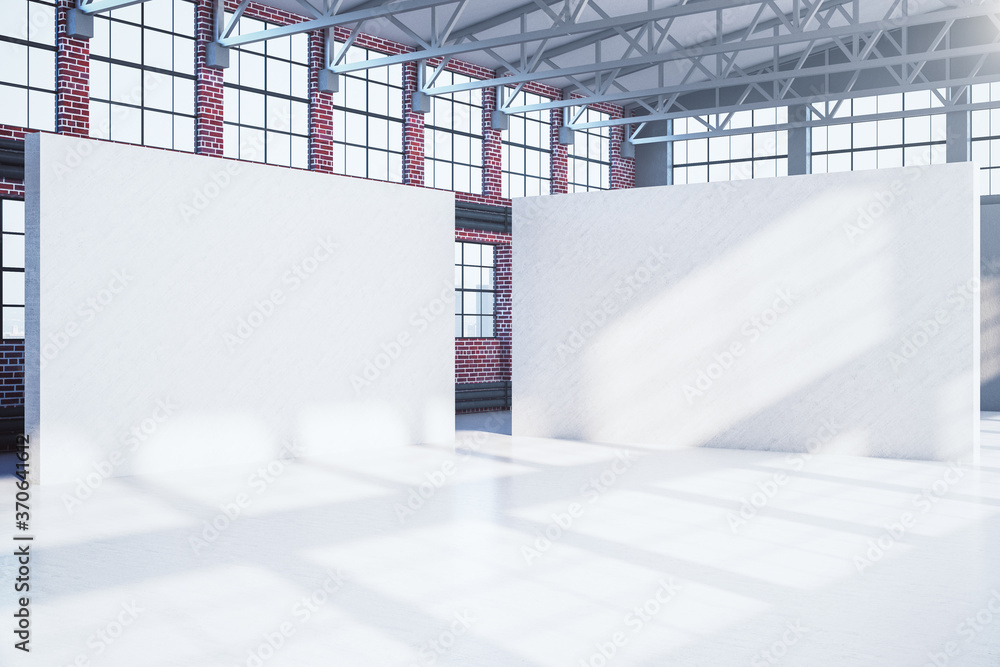 Large red brick hangar interior with two blank banners. - obrazy, fototapety, plakaty 
