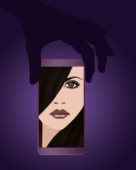 A teenage girl is seen on the screen of a cell phone. that is held by a silhouetted hand.  It is an illustration about selfies or self portraits.