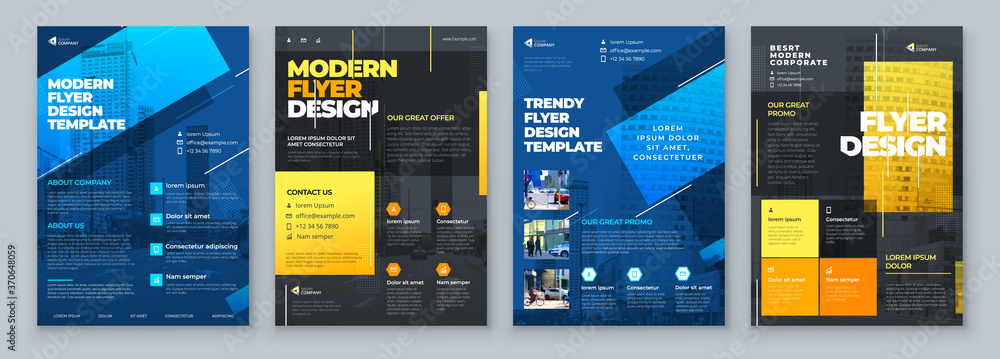 Flyer Design Set. Dark Blue an Yellow Modern Flyer Background Design. Template Layout for Flyer. Concept with Dynamic Line Shapes. Vector Background. - obrazy, fototapety, plakaty 
