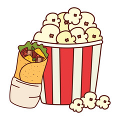 Sticker - burrito mexican food with popcorn, on white background vector illustration design