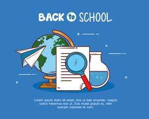 Poster - back to school banner with magnifying glass and supplies education vector illustration design