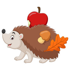 Poster - Cartoon little hedgehog carries an apple with mushroom and leaf on his back