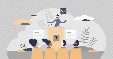 conference meeting with presentation lecture and speech tiny person concept