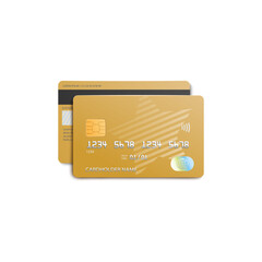 Front and back view of golden plastic bank card isolated on white background