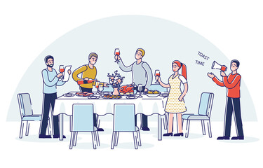 Wall Mural - People toasting standing around holiday dinner table. Cartoon friends or colleagues celebrate