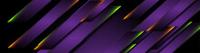Futuristic Dark Violet Technology Background With Orange Green Neon Lines. Glowing Vector Banner Design