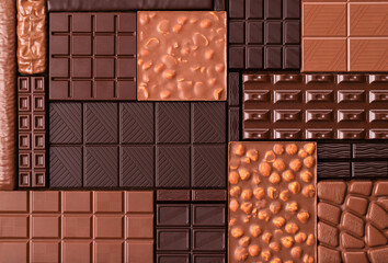 Wall Mural - collection chocolate bars, top view. tasty dessert of cocoa products