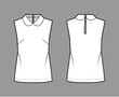 © Vectoressa - Round collar blouse technical fashion illustration with loose silhouette, sleeveless, back button-fastening keyhole. Flat shirt apparel template front back white color. Women men unisex top CAD mockup