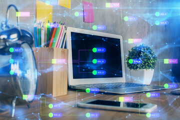 Fototapete - Multi exposure of desktop with computer on background and tech theme drawing. Concept of big data.