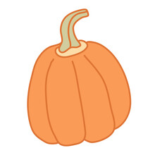 Orange Pumpkin With A Long Peduncle In Cartoon Flat Style. Hand Drawn Vector Illustration Isolated On White Background. Farming Garden Theme.