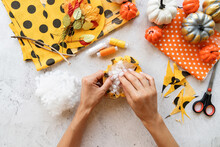 Step By Step Instruction Of Making Halloween Textile DIY Pumpkin Craft. Step 4 - Stuff The Textile With A Filling