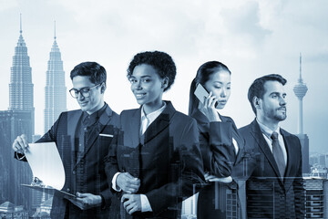 Group of four business colleagues in suits working on project together to gain new career opportunities. Concept of multinational corporate team. Kuala Lumpur. Double exposure.