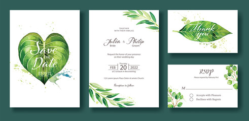 Wall Mural - Wedding Invitation, save the date, thank you, rsvp card Design template. Silver dollar, olive leaves. leaf. Vector.