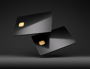 Black plastic credit card mockup, dark black background,3D Illustration
