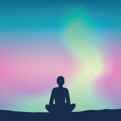 peaceful mediating person on aurora borealis sky background vector illustration EPS10