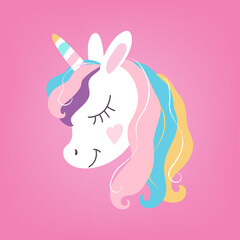 White dreaming unicorn vector head on pink background. Cartoon flat baby, child, girl design with rainbow mane and magic horn.