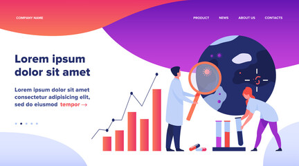 Wall Mural - Scientists studying virus in laboratory. Doctors using analyzing microscopic bacteria, samples in glass tubes, charts. Flat vector illustration for epidemiology, pandemic, medical research concept