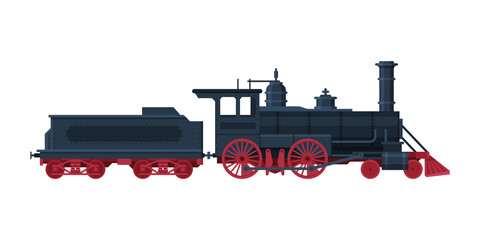 Wall Mural - Old Train, Vintage Locomotive and Cargo Wagon, Railroad Transportation Flat Vector Illustration on White Background