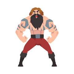 Canvas Print - Strong Muscular Viking, Angry Male Warrior Character with Bare Chest Vector Illustration