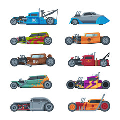 Sticker - Retro Style Hot Rod Race Cars, Old Sports Automobiles Vector Illustration on White Background