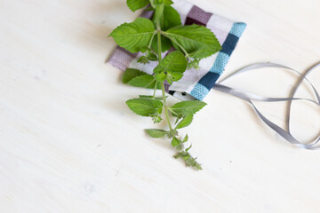 Wall Mural - Cotton sachet bag with dry mint and fresh herb on white wooden background