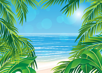 Wall Mural - Frame of palm leaves on a tropical beach background.