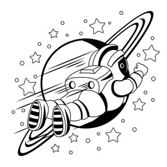 Wall Mural - Contour illustration with an astronaut and the planet Saturn on a white background.