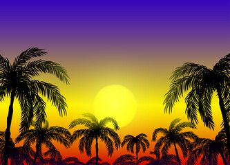 Wall Mural - Illustration with silhouettes of palm trees on the background of a beautiful sunset.