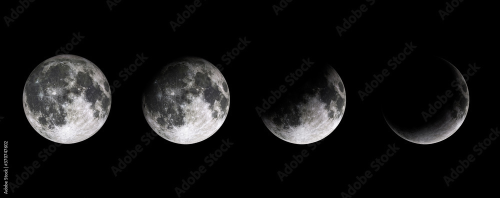 Moon phases on black baclground. Lunar phases of earth satelite. Half moon, quarter and full moon.  - obrazy, fototapety, plakaty 