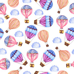  Seamless pattern with cute hot air balloons and blue clouds on white background. Hand drawn watercolor illustration.