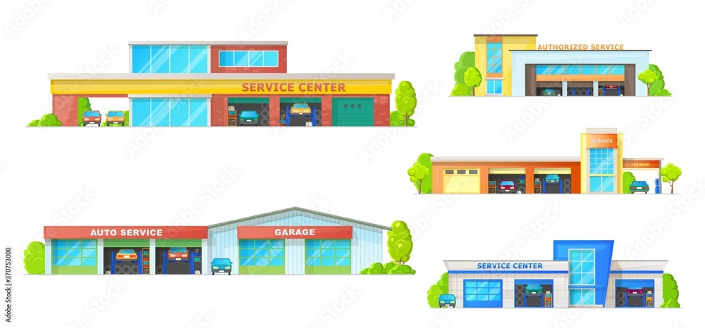 Car service building vector icons with auto repair shop, mechanic ...