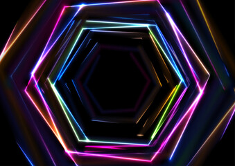 Colorful glowing neon tech hexagons abstract background. Vector design