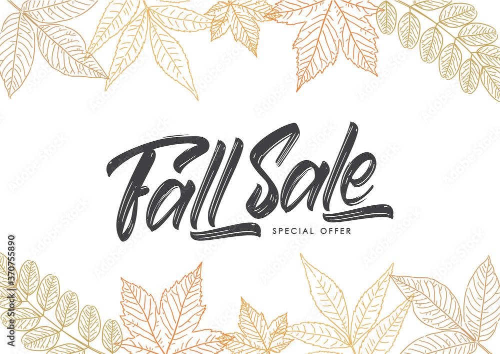 Vector Handwritten calligraphic brush lettering of Fall Sale on foliage background. Discount special offer. - obrazy, fototapety, plakaty 