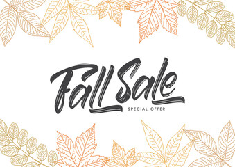 Vector Handwritten calligraphic brush lettering of Fall Sale on foliage background. Discount special offer.