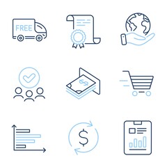 Wall Mural - Delivery shopping, Free delivery and Horizontal chart line icons set. Diploma certificate, save planet, group of people. Report document, Dollar exchange and Atm money signs. Vector