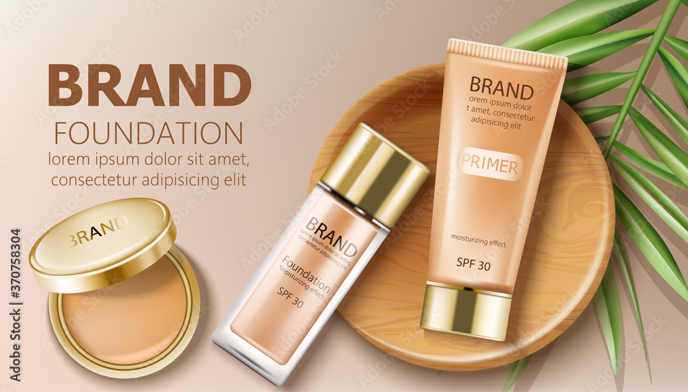 Download Foundation And Primer Bottles In Beige Color Green Leaves And Makeup Pocket Mirror Decoration Mockup Realistic Wall Mural Castecodesign