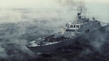 Flyby Drone Shot Of Navy Ship On Foggy Sea