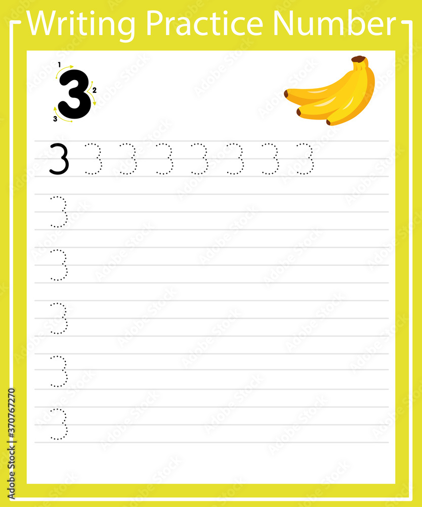 Number three tracing practice worksheet with 3 bananas for kids ...