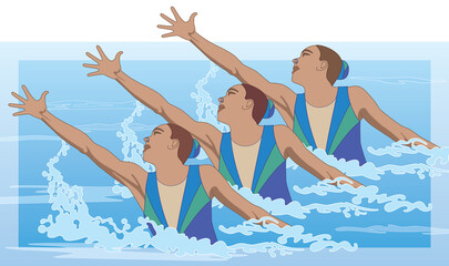 Wall Mural - synchronized swimmers, trio in pose splashing out of water