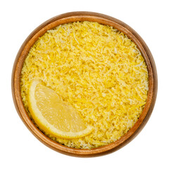 Wall Mural - Lemon slice and freshly grated lemon peel in a wooden bowl. Zests of ripe yellow edible citrus fruits. Citrus limon. Used as flavoring for baking. Close up from above, over white, isolated food photo.