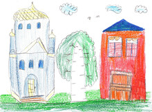 Child's Drawing. House, Trees And Church