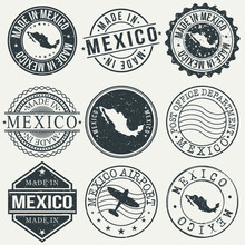 Mexico Set Of Stamps. Travel Stamp. Made In Product. Design Seals Old Style Insignia.