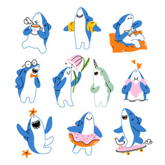 Cute shark cartoon vector mascot collection