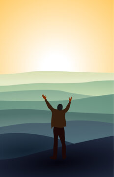 A man with hands raised in the sunset concept for religion, worship, prayer and praise