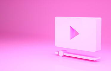 Wall Mural - pink online play video icon isolated on pink background. film strip with play sign. minimalism conce