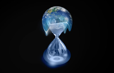 Poster - Global warming concept - Planet Earth on hourglass is slowly melting -Hourglass inside glass globe (earth) isolated on black background 