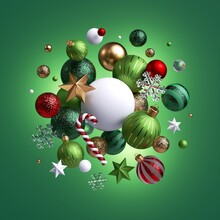 3d Render, Christmas Holiday Ornaments Levitate. Red Green White Glass Balls, Candy Cane, Golden Stars, Crystal Snowflakes Isolated On Green Background. Arrangement Of Levitating Objects