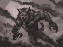Digital Illustration Of Terrifying Werewolf Creature Diving At The Camera Under Full Moon - Digital Fantasy Painting