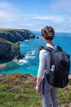 Young Woman Hike Walk Cornwall Coast UK Cornish Sea Holiday Landscape