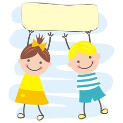 Wall Mural - Girl and boy with banner. Creative funny illustration. Concept for marketing campaign. Vector icon, single object.